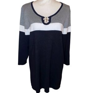 CABLE & GAUGE Color Block Knit Sweater Top w/Keyhole Detail BLK/WHT/GRAY Size 1X